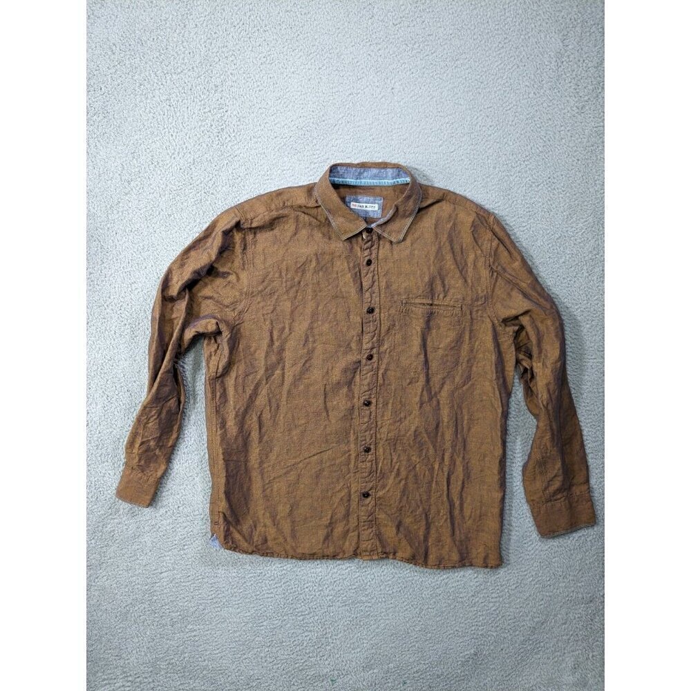 32 Bar Blues Shirt Mens XL Long Sleeve Button Linen Cotton Blend Metallic Brown